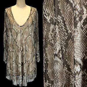 Snakeskin sheer mesh top long sleeve tunic‎ coverup layer animal snake print y2k